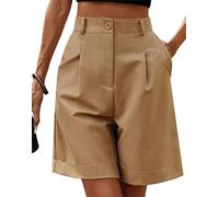 FEATEFACE Bermuda pour femme décontracté élastique taille haute jambe large longueur genou avec poches Short d'été, camel, L