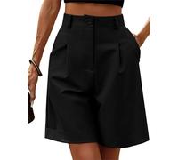 FEATEFACE Short Bermuda pour Femme Décontracté Taille Élastique Haute Large Jambe Longueur Genou avec Poches Short d'été, Noir , M