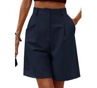 FEATEFACE Short Bermuda pour Femme, Short Élastique Décontracté à Taille Haute et Jambe Large Longueur Genou avec Poches pour l'été, bleu marine, XL