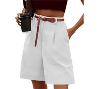 FEATEFACE Short pour Femme Bermuda Short Élastique Décontracté Taille Haute Large Jambe Longueur Genou avec Poches Short d'Été (Blanc, L)
