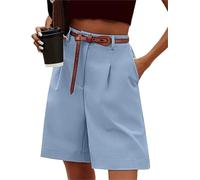FEATEFACE Short pour femmes Bermuda décontracté taille haute élastique jambes larges longueur genou avec poches Short d'été (bleu clair, L)