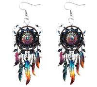 Feather Earrings for Women, Colorful Long Dangle Boho Earrings, Western Festival Jewelry for Beach, Concerts & Hippie Style (Mystic Black)