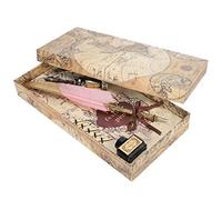 Feather Pen Set with Gold Nib, Vintage Dip Pen for Calligraphy Writing, Retro Feather Fountain Pen Gift Set with Refills Holder Wax Spoon Ink Bottle for Journaling Letter Writing (Rose clair)