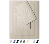 Feather & Stitch 500 TC Queen Size Damask Bed Sheet Set, 100% Cotton Soft Breathable Bedsheets, 4 Piece 18" Deep Pockets Sateen Weave Striped Bedding Mattress Resort Hotel Luxury- (Beige, Queen)