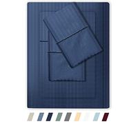 Feather & Stitch Parure de lit 4 pièces, 100% Coton Ultra Doux, 500 Fils au Pouce carré, Tissage satiné de Luxe, Poches Profondes, avec 2 taies d'oreiller (lit Double, Bleu foncé)