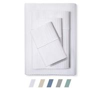 Feather & Stitch Parure de lit damassée 500 Fils pour lit Double, 100% Coton Doux et Respirant, Poches Profondes de 45,7 cm, Armure Satin rayée, décoration de Luxe - (Blanc rayé, lit Double)