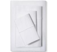 Feather & Stitch Parure de lit damassée 500 Fils pour très Grand lit, 100% Coton Doux et Respirant, Poches Profondes de 45,7 cm, Armure Satin rayée, décoration de Luxe - (Rayures Blanches, très Grand