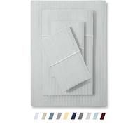 Feather & Stitch Parure de lit damassée à 500 Fils pour Grand lit, 100% Coton Doux et Respirant, Poches Profondes de 45,7 cm, Armure Satin rayée, Matelas de Luxe hôtelier, hôtel de Luxe, Bleu poudré