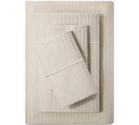 Feather & Stitch Parure de lit damassée à Rayures 500 Fils pour très Grand lit, 100% Coton Doux et Respirant, Poches Profondes de 45,7 cm, Armure Satin rayée, décoration de Luxe (Beige, très Grand