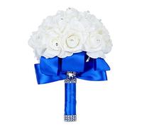 Febou Bouquet de Demoiselle d'honneur Fait à la Main avec Rubans Doux en Cristal, Fleurs de Roses artificielles pour Mariage, fête et église (Bleu Roi)