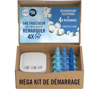 Febreze Désodorisant Électrique, Kit de Démarrage (1 Diffuseur + 4 Recharges de 20ml + 3 Parfums en Alternance), Parfum Pureté de Coton, Combat les Odeurs en Continu, Fraîcheur Jusqu'à 90 Jours