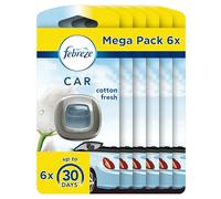 Febreze Désodorisant Voiture Pureté de Coton, Mega Pack de 6, Élimine les Odeurs Persistantes avec Technologie OdourClear, Fraîcheur du Pur Coton Blanc, Durée Jusqu'à 30 Jours par Diffuseur