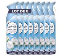Febreze Spray Désodorisant (185ml x8), Pureté de Coton, 2en1, Combat Efficacement Les Odeurs, Laisse Un Parfum Frais