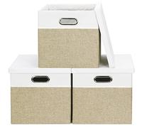 Febzoce Boîte de rangement avec couvercle - Cube de rangement pliable en tissu - Corbeille à déchets Brun clair/Blanc - Carré - 33 x 33 x 33 cm - Lot de 3