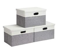 Febzoce Boîte de rangement avec couvercle Extra Grand Pliable en tissu Cube de rangement Panier Poubelle Organisateur Gris clair/Blanc, Extra Grand, 44 x 31 x 29 cm, Lot de 3
