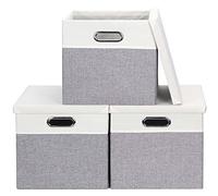 Febzoce Boîte de rangement avec couvercle Pliable en tissu Cube de rangement Panier Poubelle Gris clair/Blanc, Carré, 33 x 33 x 33 cm, Lot de 3 pièces