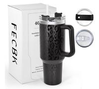 FECBK Gobelet isotherme avec paille et anse - 1,2 l - 100 % anti-fuite - Double paroi en acier inoxydable - Isolation sous vide - Avec poignée - Motif : panthère nocturne