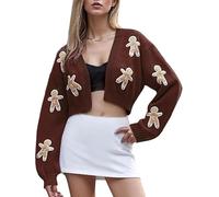 Feclmiyt Cardigan de Noël pour femme Bonhomme en pain d'épice Pull de Noël moche Motif sucre d'orge Manches longues Col en V Boutonné Tricot Pull Manteau, C-01, M