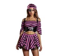 Feclmiyt Costume de pirate pour femme - Haut à manches courtes à rayures et épaules dénudées - Jupe + couvre-chefs + lunettes - Tenue médiévale d'Halloween 4 pièces (lavande, L)