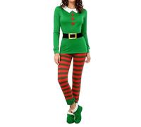 Feclmiyt Costume d'elfe de Noël pour femme - Haut d'elfe vert + pantalon rayé - Costume de Noël pour fête à thème (vert militaire, taille XL)