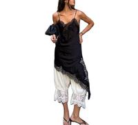 Feclmiyt Femmes Y2k Débardeur en Satin avec Liseré en Dentelle, Manches Spaghetti, Découpe Asymétrique, Fente Latérale, Top de Sortie en Soie, Robe Débardeur en Dentelle, a-1, XL