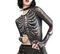 Feclmiyt Haut court en maille pour femme - Imprimé squelette - Manches longues - Noir - Motif tête de mort - En maille transparente - Style décontracté, A-01., M