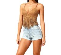 Feclmiyt Haut de cowgirl western à franges sans manches avec bretelles spaghetti et col en V et ourlet à pompons pour femme, A-marron clair., S