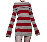 Feclmiyt Robe pull rayée à manches longues pour femme Y2k Punk épaules dénudées Col bateau Fée Grunge Robe Halloween Dark Academia Vêtements, A - Rouge, M
