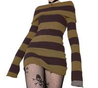 Feclmiyt Robe pull rayée à manches longues pour femme Y2k Punk épaules dénudées Col bateau Fée Grunge Robe Halloween Dark Academia Vêtements, A-café., S