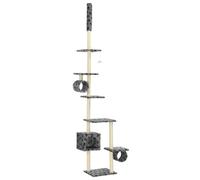 Fecpoo Arbre à chat 260 cm avec colonnes en sisal, plateformes en peluche et maison - Gris avec empreinte de patte, matériau bois/carton/corde en sisal, pour plusieurs chats