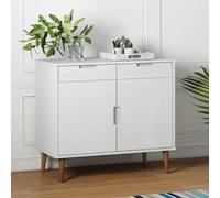 Fecpoo Buffet MOLDE blanc en pin massif de 90 cm de large, revêtement UV, avec beaucoup d'espace de rangement grâce à 2 tiroirs et 2 compartiments de porte, pour un rangement élégant