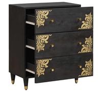 Fecpoo Buffet noir 60 x 33 x 75 cm en bois massif de manguier avec accents en laiton - 3 compartiments, tiroir et étagère ouverte pour décoration moderne