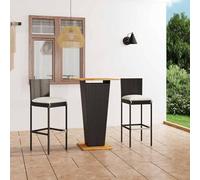 Fecpoo Ensemble de bar de jardin 3 pièces avec coussin d'assise - En rotin synthétique noir, table 60 x 60 x 110 cm + 2 tabourets de bar 40 x 44 x 108 cm, bois d'acacia massif, pour une utilisation en