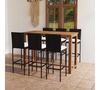 Fecpoo Ensemble de bar de jardin 7 pièces avec coussins, table en bois d'acacia + tabouret de bar en rotin synthétique noir, 150 x 70 x 105 cm + 6 x 40 x 44 x 108 cm, pour jardin, balcon, terrasse