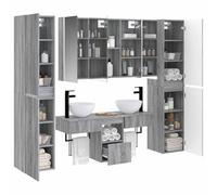 Fecpoo Ensemble de meubles de salle de bain 6 pièces Gris Sonoma 72,1 kg Montage mural | Armoire miroir LED avec éclairage USB, porte réversible, miroir double face, bois d'ingénierie et verre