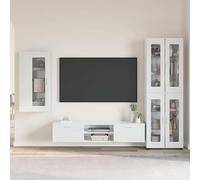 Fecpoo Ensemble de meubles TV Florin avec meuble haut et étagère murale - Blanc brillant - En bois - 3 pièces - Avec 2 tiroirs et 11 étagères