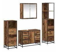 Fecpoo Lot de 4 meubles de salle de bain en bois vieilli 80 x 33 x 60 cm | Ensemble de 4 pièces à fixer au mur avec armoire à miroir, tiroirs et résistance à l'humidité, pour petites salles de bain