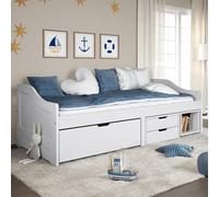 Fecpoo WGYHOME Lit de jour iRun avec espace de rangement - Pin massif blanc, 205 x 96 x 69 cm, 2 petits + 1 grand tiroir + compartiment à roulettes