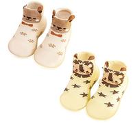 FedMois 2 Paires Chaussettes Pantoufle antidérapantes Chaussons Bébé, lion et ours, 6 mois