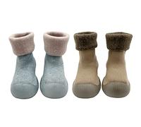 FedMois 2 Paires Chaussettes Pantoufle antidérapantes Chaussons thermique épais hiver Bébé, beige et ciel bleu, 18 mois