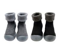 FedMois 2 Paires Chaussettes Pantoufle antidérapantes Chaussons thermique épais hiver Bébé, noir et gris, 6 mois