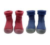 FedMois 2 Paires Chaussettes Pantoufle antidérapantes Chaussons thermique épais hiver Bébé, rouge et bleu, 6 mois