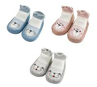 FedMois 3 Paires Chaussettes Pantoufle Antidérapantes Chaussons Bébé, Bleu, Beige et Gris, 2-2.5 ans