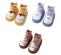FedMois 3 Paires Chaussettes Pantoufle Antidérapantes Chaussons Bébé, Jaune, Bleu et Marron, 18-24 mois