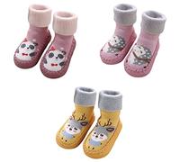 FedMois 3 Paires Chaussettes Pantoufle antidérapantes Chaussons thermique épais hiver Bébé, cerfs, hérisson et panda, Taille 23/24, (Taille fabricant: 15)