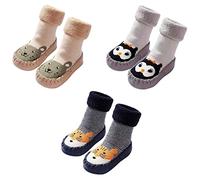 FedMois 3 Paires Chaussettes Pantoufle antidérapantes Chaussons thermique épais hiver Bébé, chien, hibou et hamster, Taille 19/20 (Taille fabricant: 13)