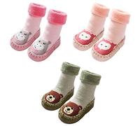 FedMois 3 Paires Chaussettes Pantoufle antidérapantes Chaussons thermique épais hiver Bébé, ours, hibou et hippopotame, Taille 18 (Taille fabricant: 12)