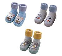 FedMois 3 Paires Chaussettes Pantoufle antidérapantes Chaussons thermique épais hiver Bébé, souris, dinosaures et oiseaux, Taille 21/22, (Taille fabricant: 14)