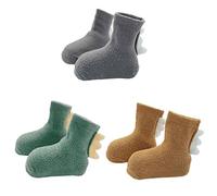FedMois 3 Paires Chaussettes Pantoufles Thermiques Chaudes Hiver Motif Dinosaure Bébé Enfant, marron, gris et vert, 3-5 ans
