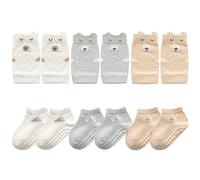 FedMois 3 paires genouillères pour bébé + 3 paires chaussettes antidérapantes en Coton bébé enfant motif animaux, gris, blanc et beige, 0-9 mois